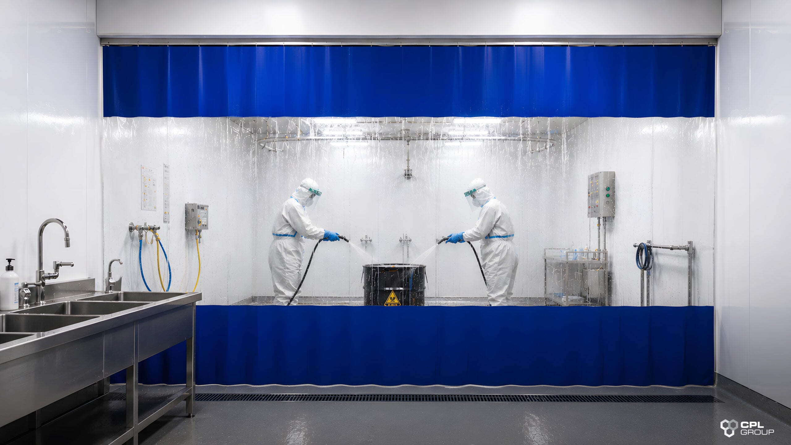 Pharmaceutical laboratory compliance washdown area with hygienic cleaning station and personnel in protective suits.