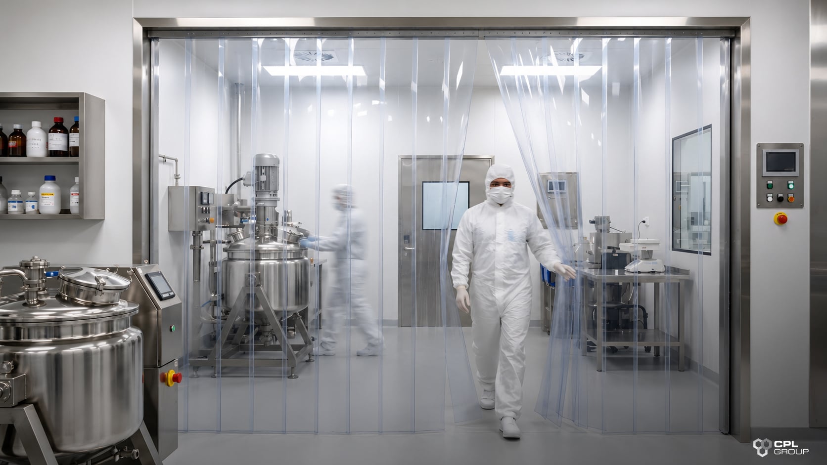 Pharmaceutical laboratory compliance processing room with cleanroom operators, controlled equipment, and sterile workflow.