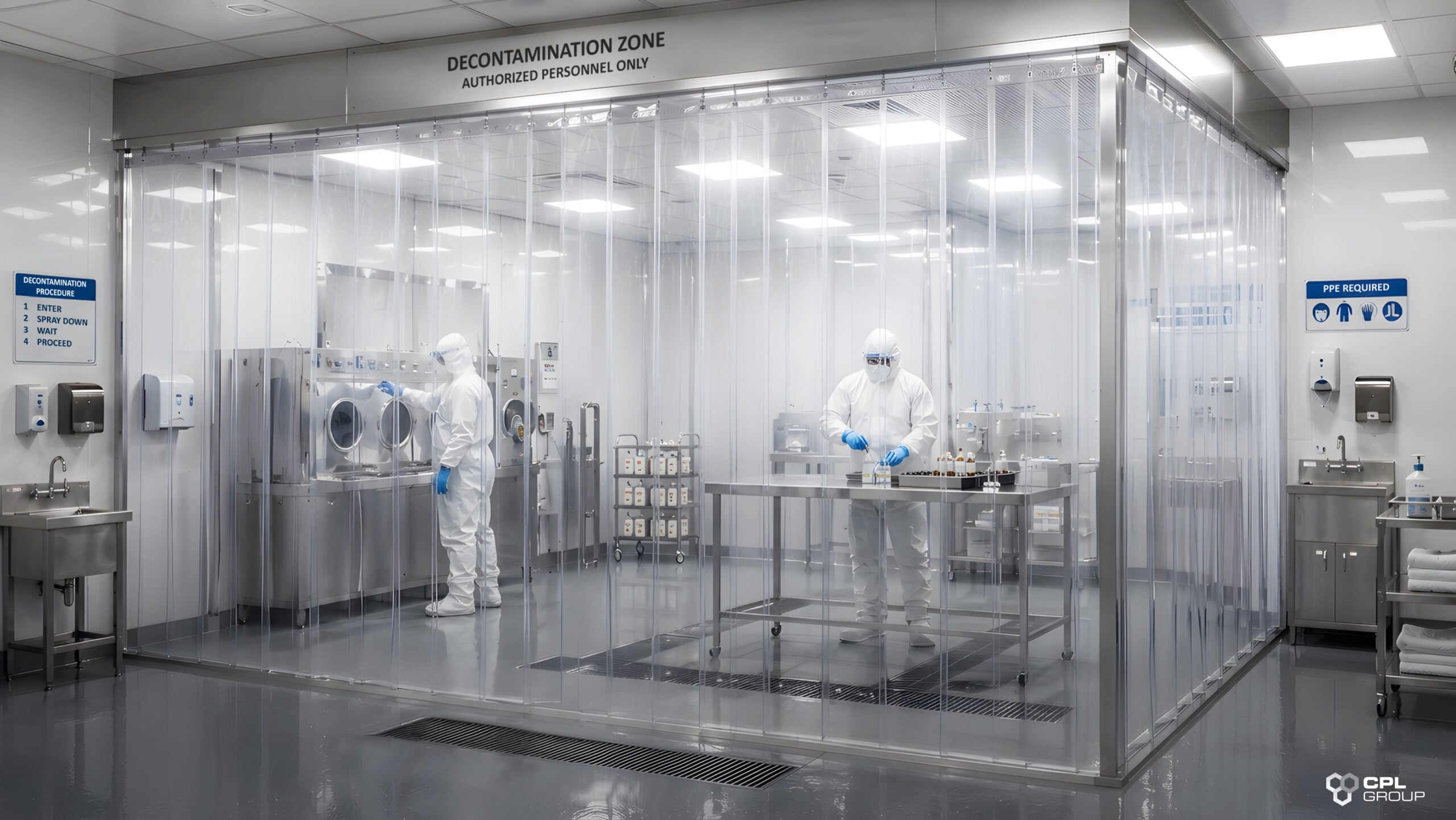 Pharmaceutical laboratory compliance cleanroom with PVC strip curtains, controlled entry, and contamination control.