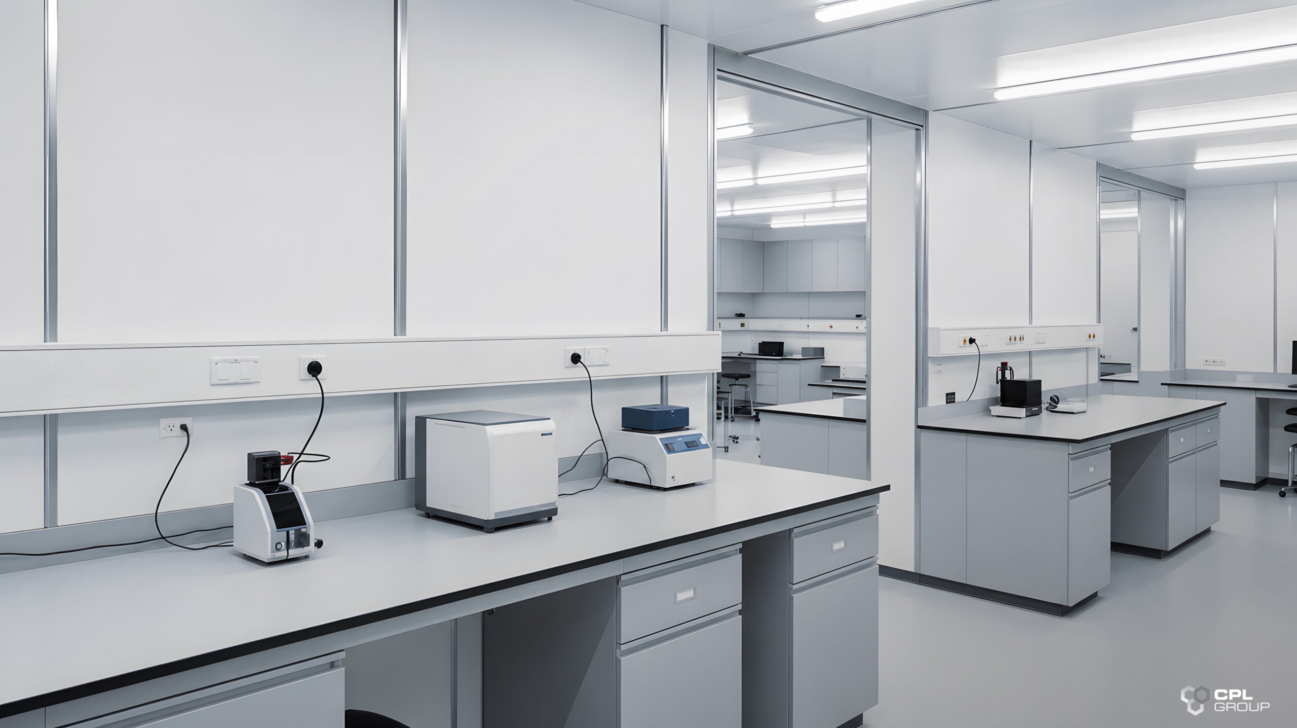 Modern pharmaceutical laboratory compliance workspace with clean testing benches and controlled laboratory environment.
