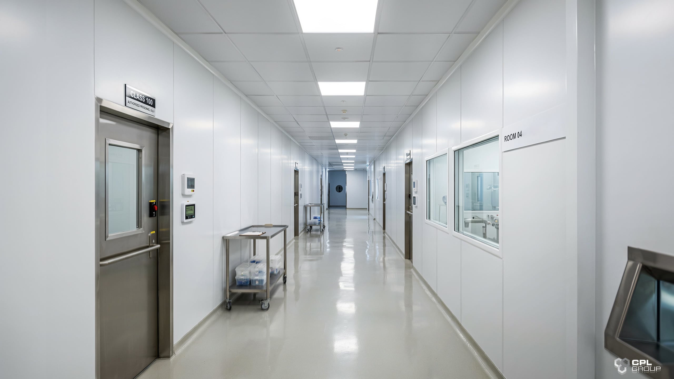 Corridor inside a modular clean room facility