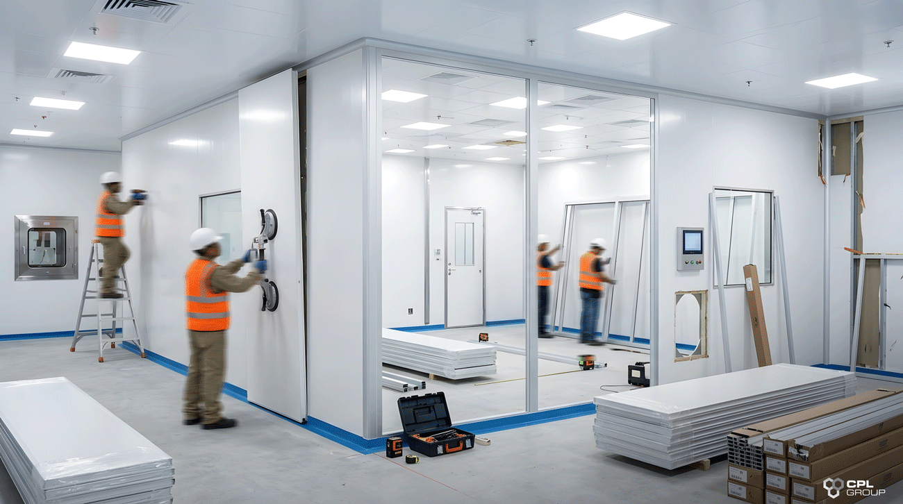 Clean room facility under construction with modular wall panels