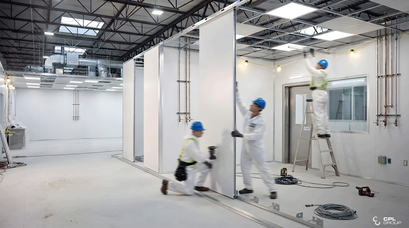Workers installing a modular clean room system