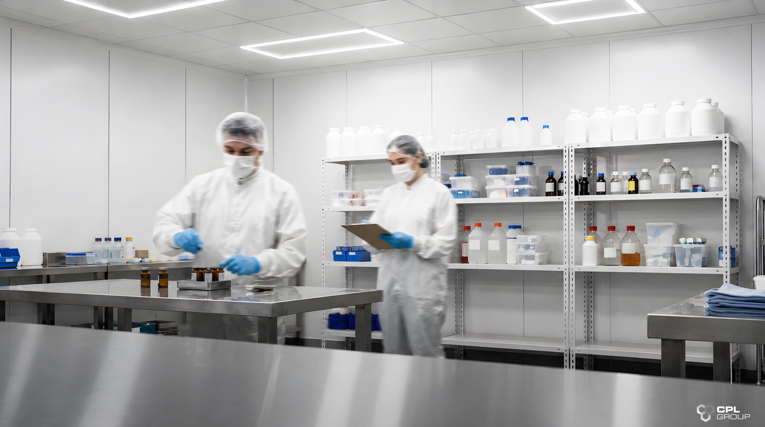 Laboratory staff working inside a pharmaceutical clean room