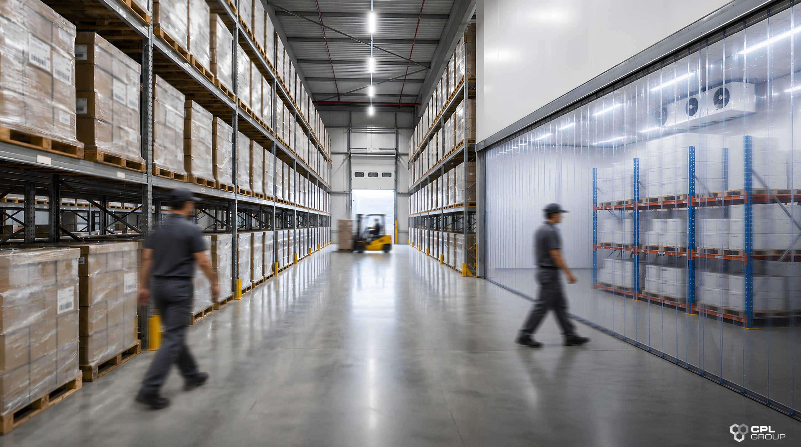 Warehouse zoning solutions using PVC strip curtains to separate operational zones in a distribution centre.