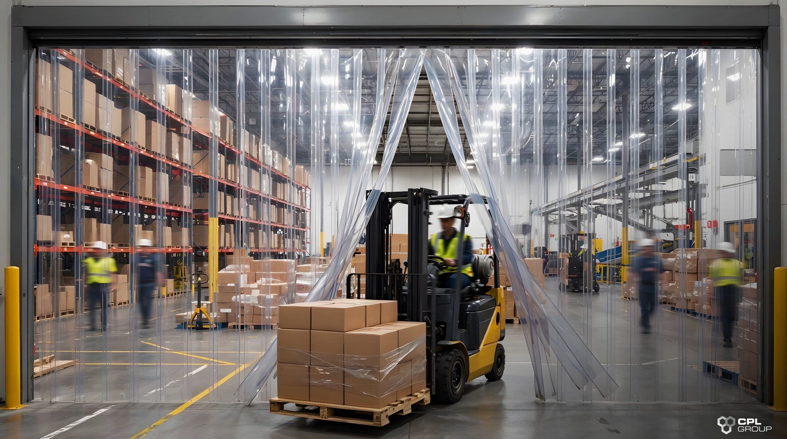 Forklift operating through PVC strip curtains as part of warehouse zoning solutions for safe and efficient material handling.