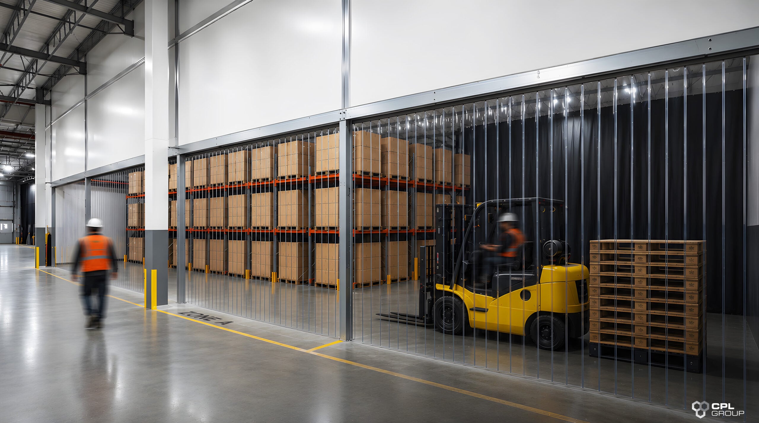 PVC strip curtain system creating efficient warehouse zoning solutions for temperature control and forklift access.