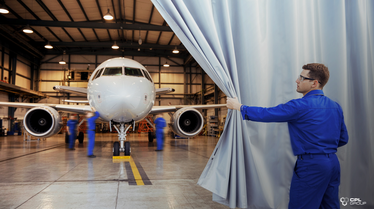 Worker operating a modular curtain to separate an aircraft maintenance area inside a hangar