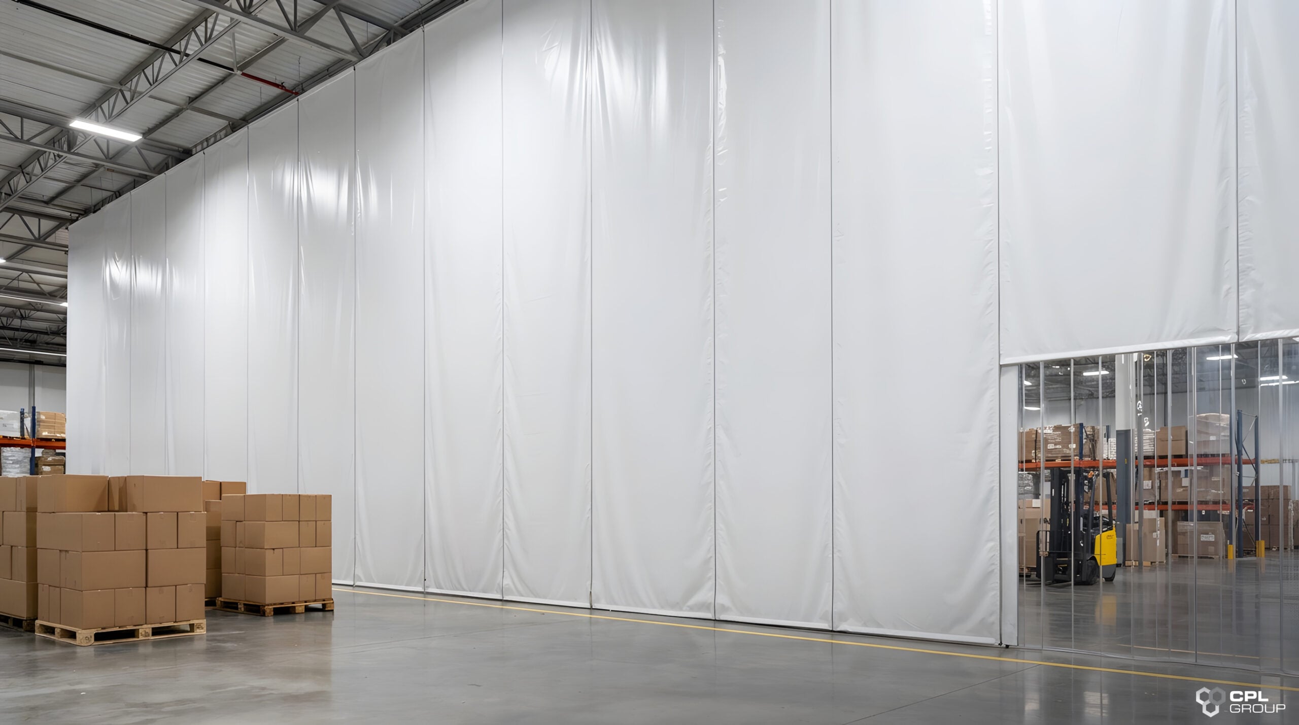 Flexible curtain partition system dividing warehouse space for storage and operational needs