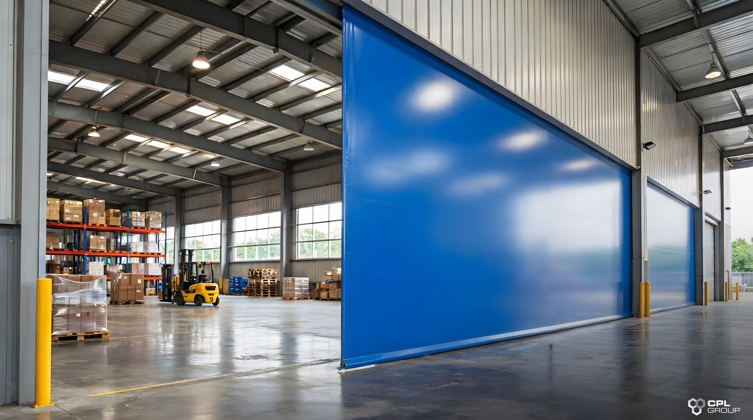 Blue warehouse partition wall creating flexible zones within a distribution facility
